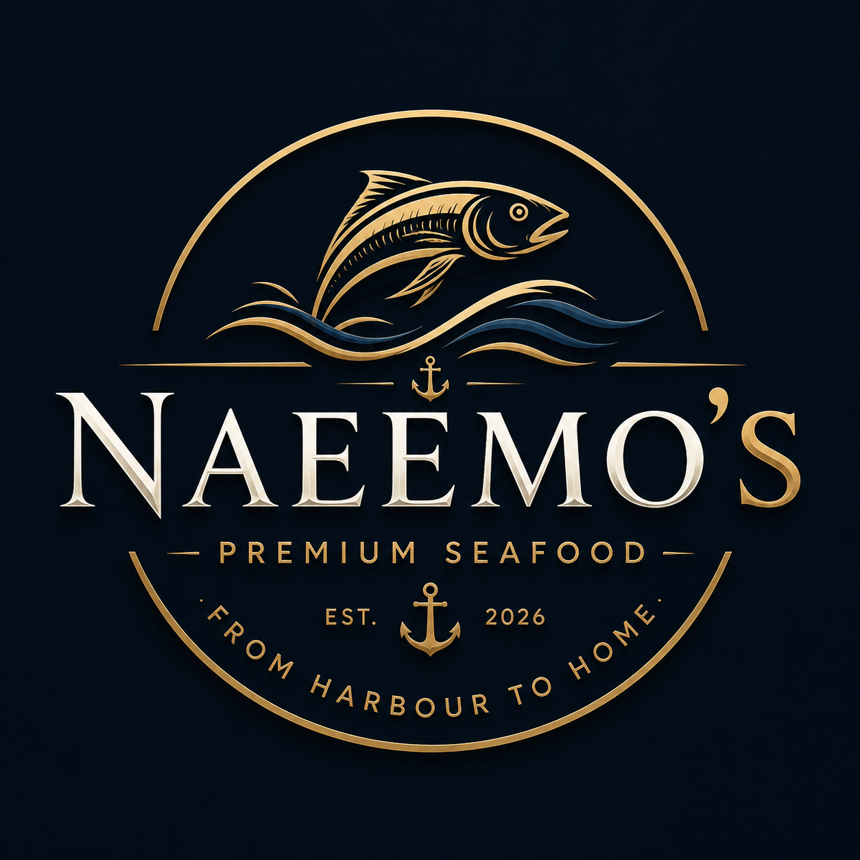 Naeemo's official logo — gold seafood crest reading Premium Seafood, from harbour to home