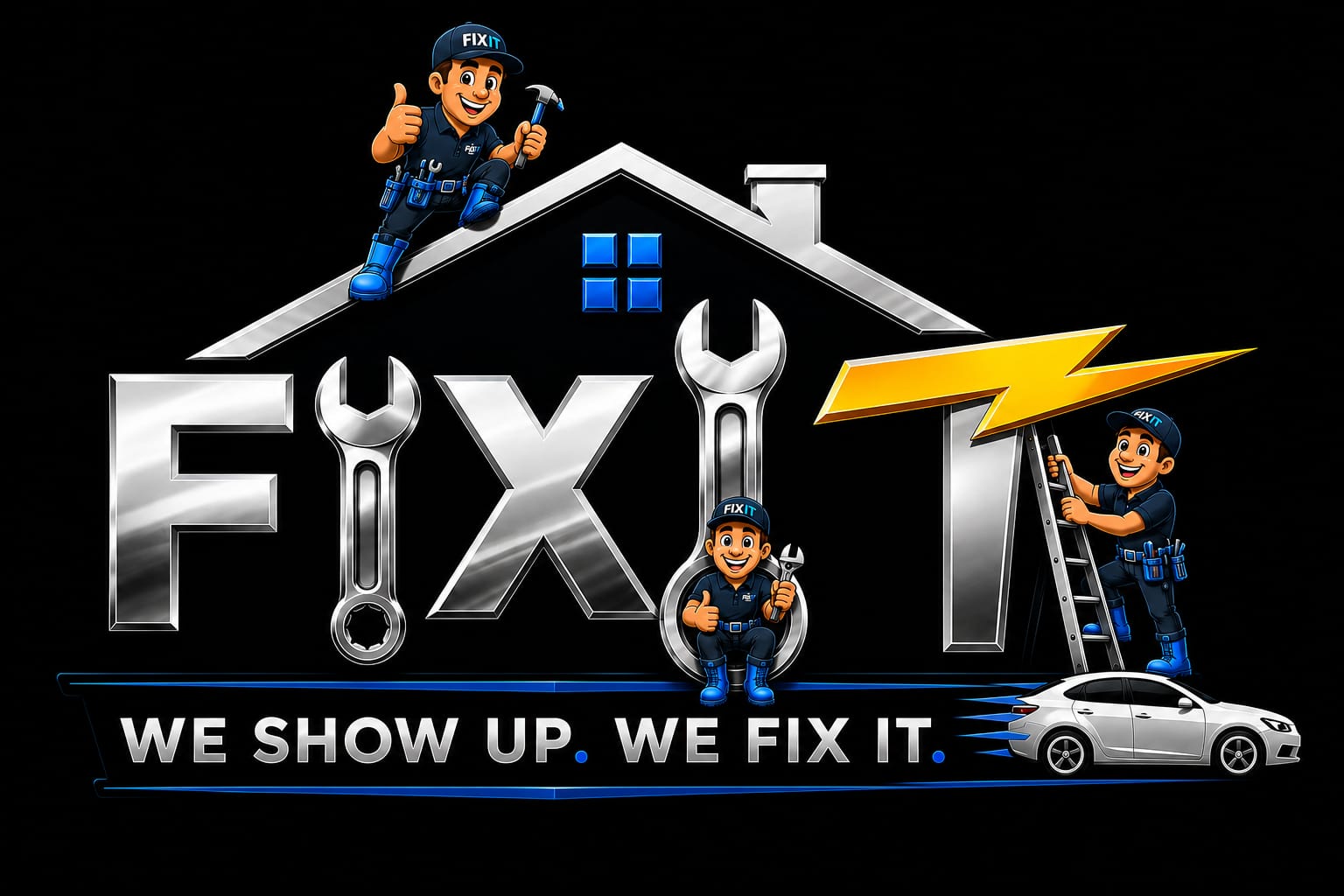 Fix It official logo — chrome lettering with tradesmen and the slogan We show up. We fix it.