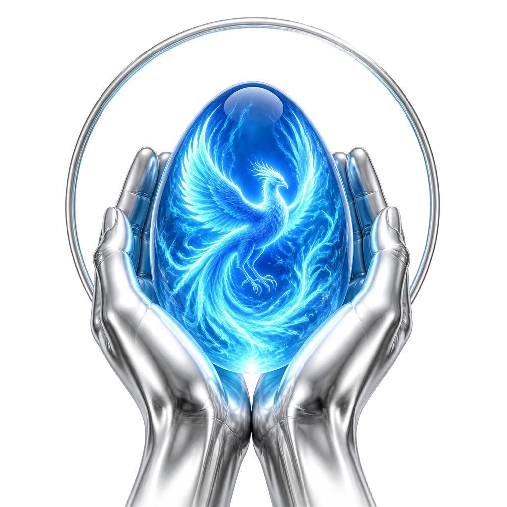 The blue phoenix egg of E3 Consulting, held in cupped hands